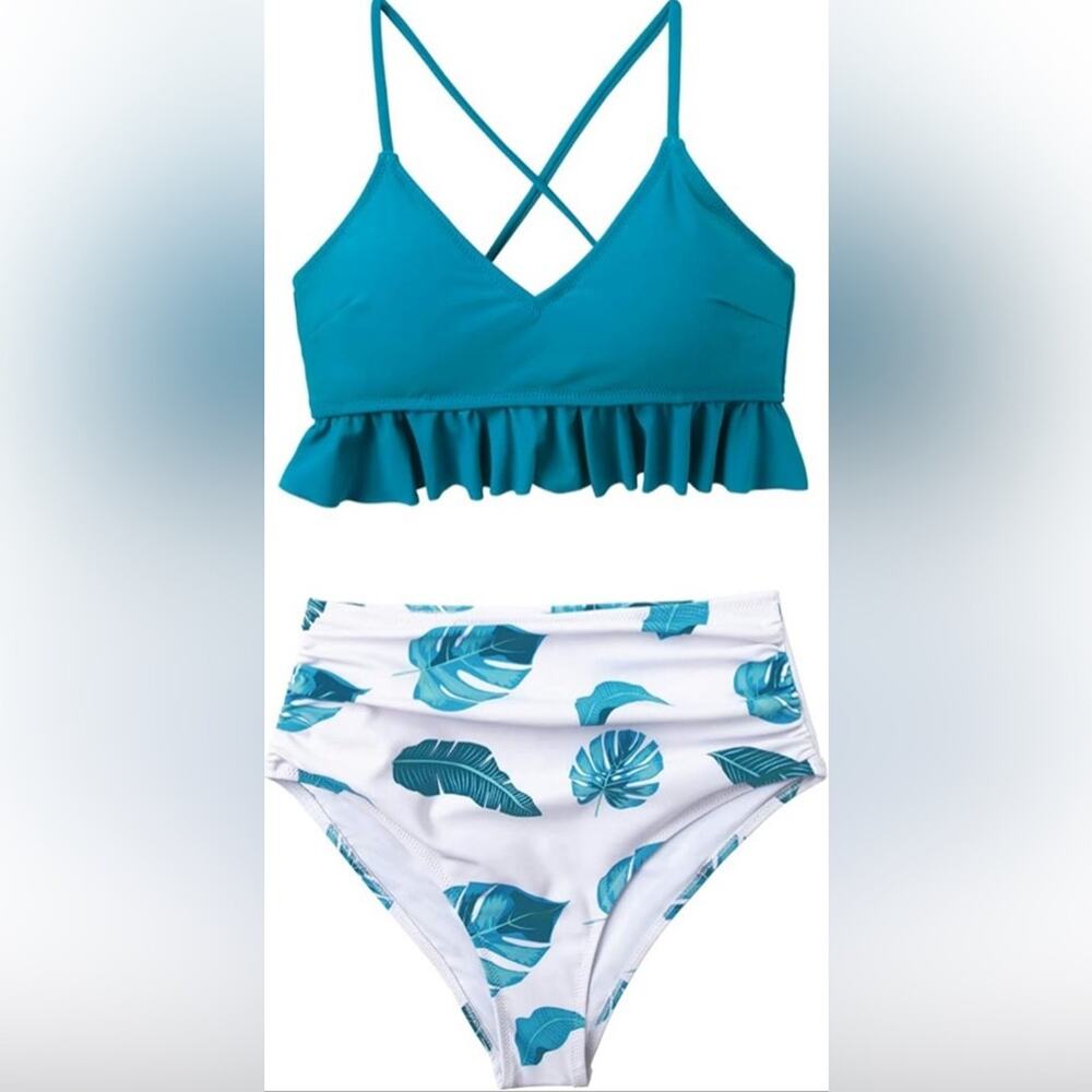 Cupshe Blue Leaf Print Lace Up Ruffled Bikini High Waist Swimsuit Two Piece Sz M